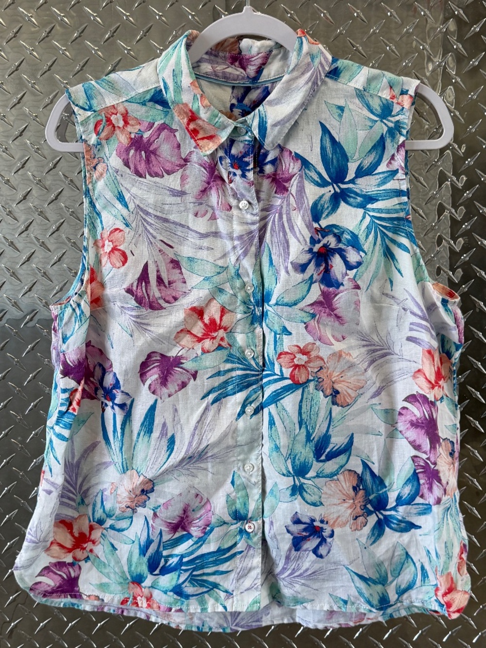 Tommy Bahama floral tropical sleeveless linen button up top women's size L large